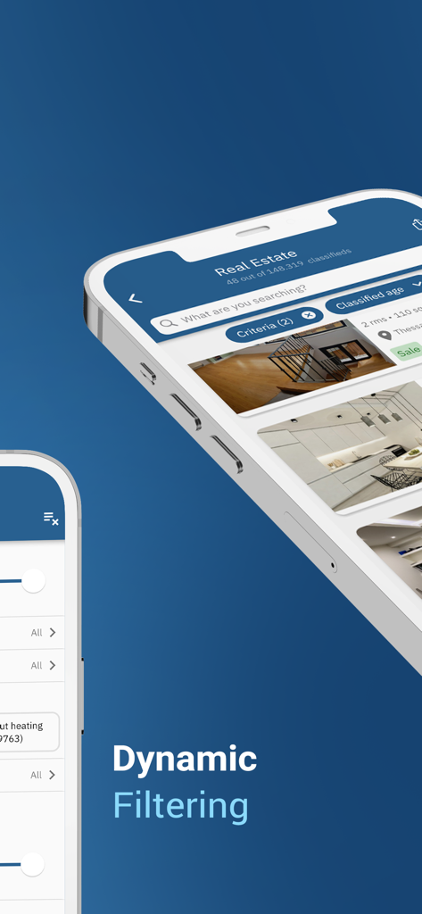 Interfaz móvil de la aplicación Plot.gr que demuestra el filtrado dinámico para anuncios inmobiliarios griegos.