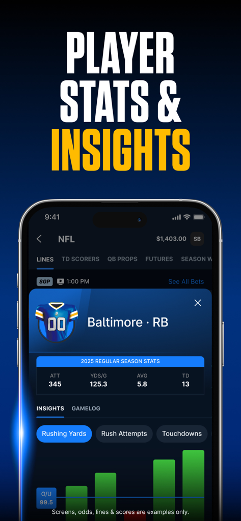 theScore Bet Sportsbook Casino - theScore Bet mobile app showing NFL player statistics and performance insights