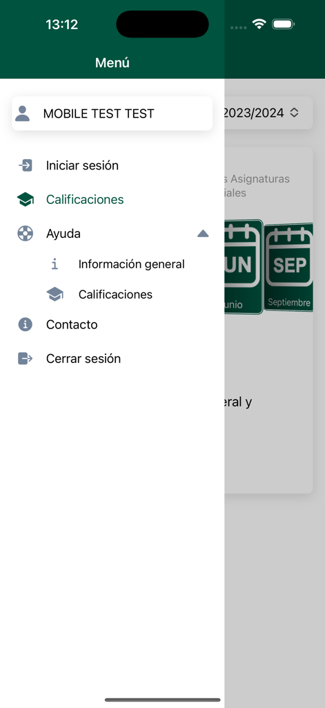 Calificaciones - Sidebar navigation menu of the UNED Calificaciones app showing options for grades and user profile