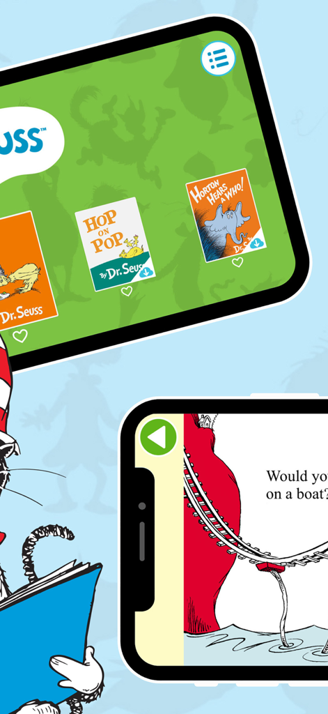 Screenshots of the Dr. Seuss Deluxe Books App showing a digital library and an interactive book page.