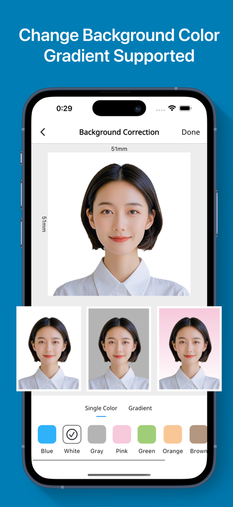 Passport Photo-ID Photo Snap - Una interfaz móvil para una aplicación de fotos de identificación que muestra opciones para cambiar el color de fondo de una foto de pasaporte con varias opciones de color sólido y degradado.