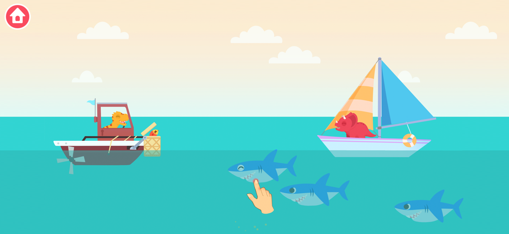 Dinosaur Patrol Boats Games - A dinosaur on a patrol boat near a sailboat and sharks in the ocean