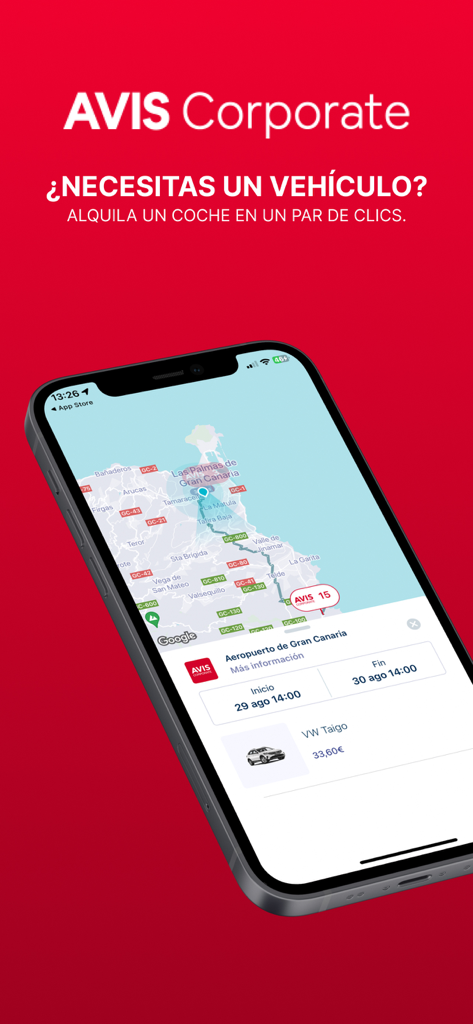 Avis Corporate mobile app showing a car rental booking map and vehicle selection on an iPhone.