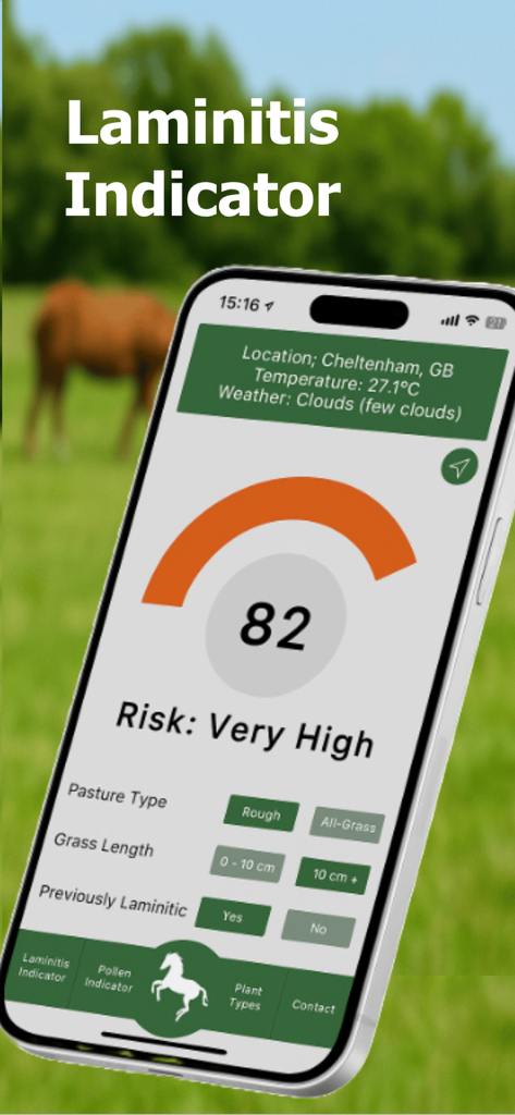 Laminitis Indicator app displaying a very high risk rating for horse laminitis based on pasture and weather conditions