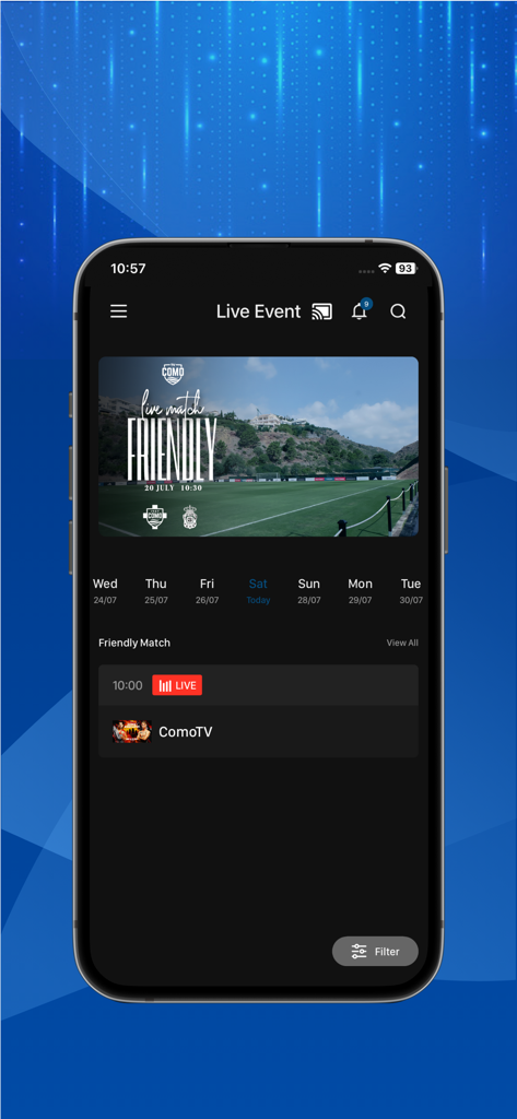 Como TV - Interfaccia mobile dell'app Como TV che mostra partite in diretta e calendario eventi