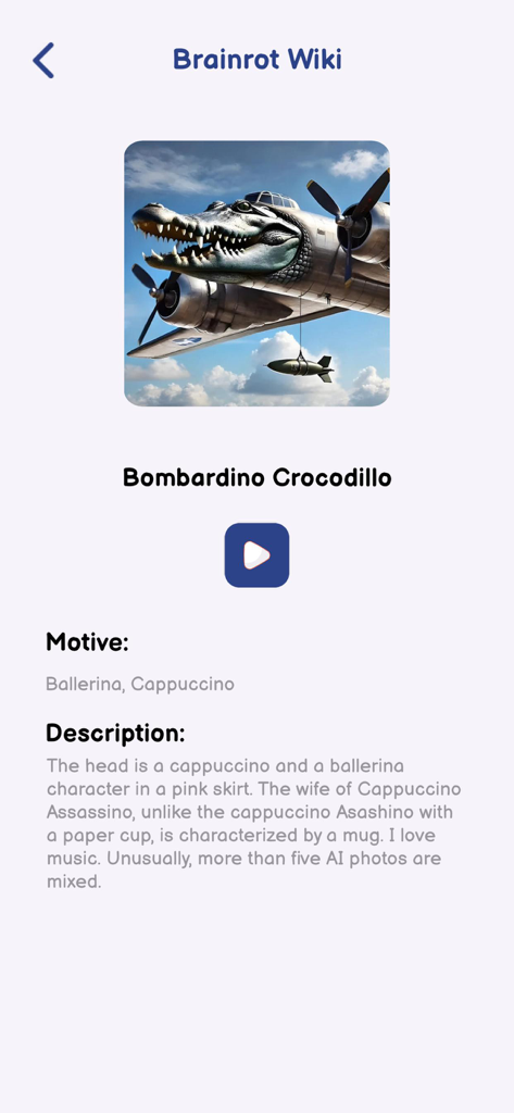 Italian Brainrot Quiz: Sounds - Un profil de personnage pour Bombardino Crocodillo dans la section Wiki Brainrot de l'application.