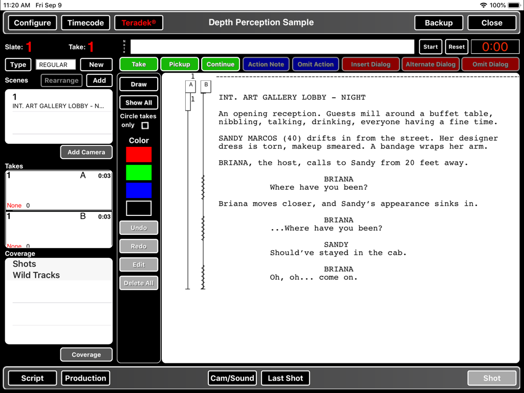 ScriptE S - ScriptE S iPad interface for digital script supervision featuring a lined script and take logging tools.