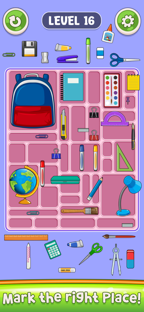 Little Organizer: Find & Sort - Uma captura de tela do jogo Little Organizer mostrando material escolar e de escritório sendo organizado em uma bandeja organizadora rosa.