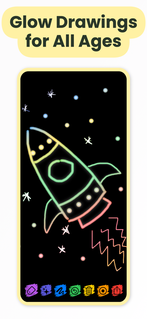 A neon glow drawing of a rocket ship in space on a black background