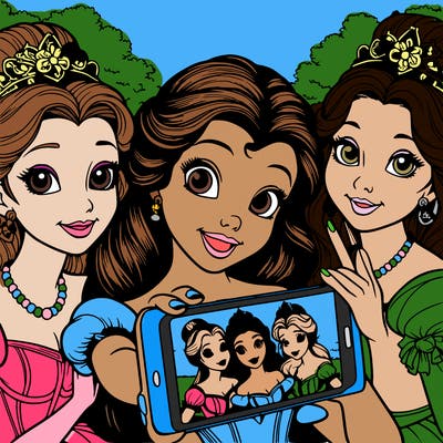 fairytale princesses who take a selfie together realistic