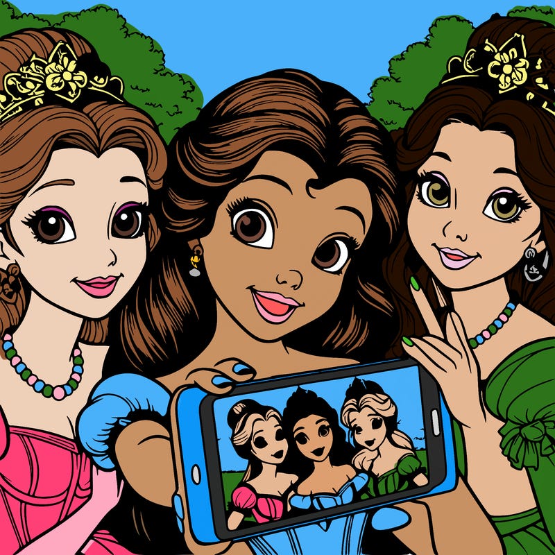 fairytale princesses who take a selfie together realistic