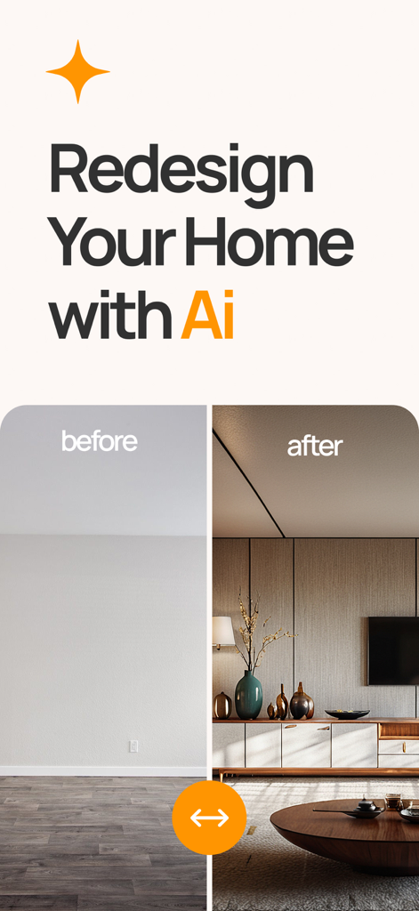 Une comparaison avant-après montrant une pièce vide transformée en un salon moderne avec l'IA.