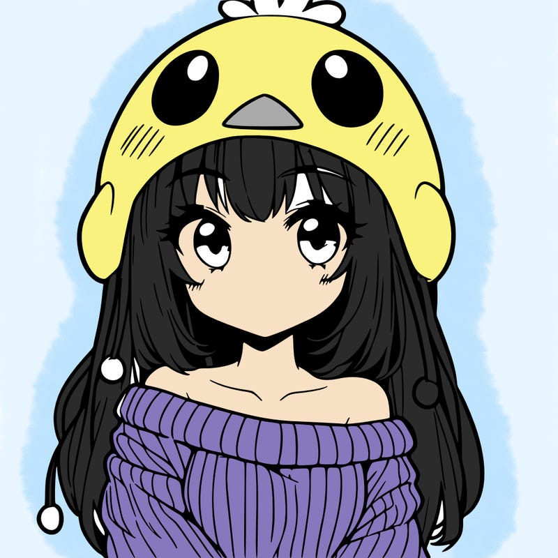 anime girl with chick shaped hat with sweater with bare shoulders with bangs covering them one eye with low tail