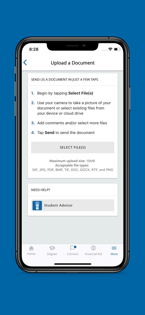 Tela do aplicativo AIU Student Mobile para envio de documentos e contato com um orientador estudantil