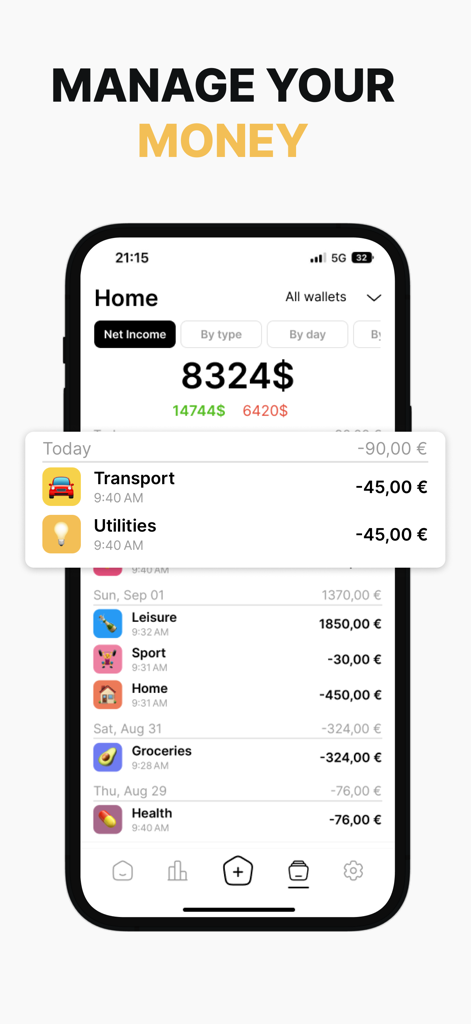 Soldi - Expense Tracker Budget - Soldiアプリのダッシュボード、純収入残高、および日ごとのカテゴリ別トランザクションの詳細リストを表示