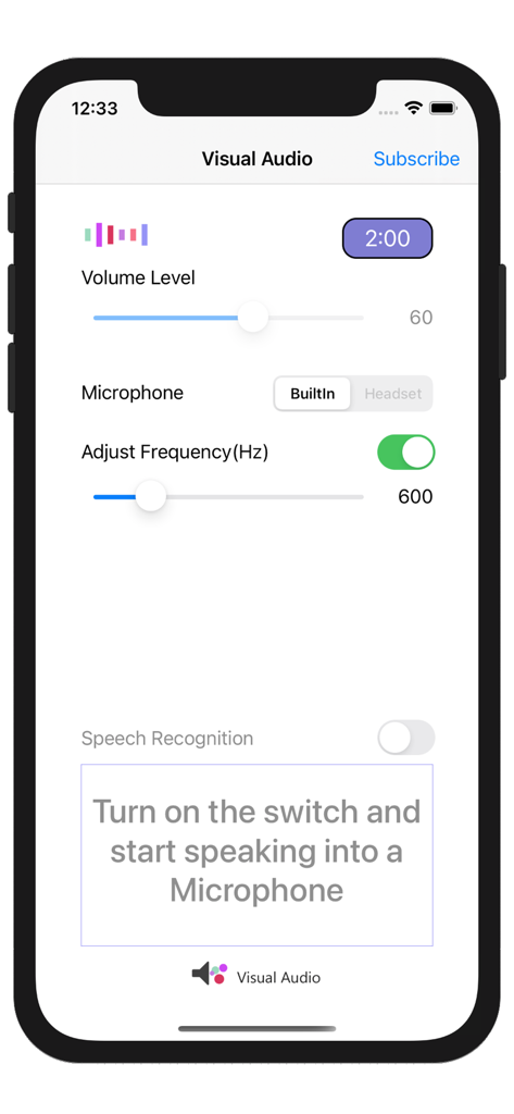 VisualAudio Hearing Aid - Interface of the VisualAudio app showing controls for volume frequency adjustment and speech to text recognition