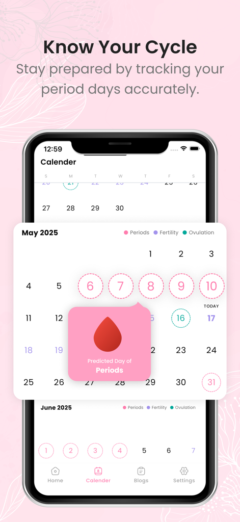 Period Menstral Cycle Tracker - Interfaz de la aplicación rastreadora de período que muestra un calendario del ciclo menstrual con fechas predichas de período y ovulación
