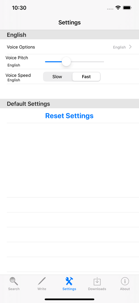 Tela de configurações do aplicativo Dicionário de Áudio de Inglês mostrando ajustes de tom e velocidade da voz.