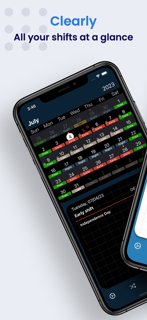 Schichter - Shift calendar - Vista general del calendario de turnos mensual en la aplicación Schichter en iPhone, con turnos de trabajo codificados por colores y una interfaz en modo oscuro.