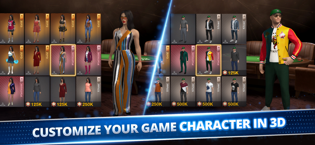 Poker Royale: Holdem, Omaha - Customization menu for 3D poker game characters with various outfit options.