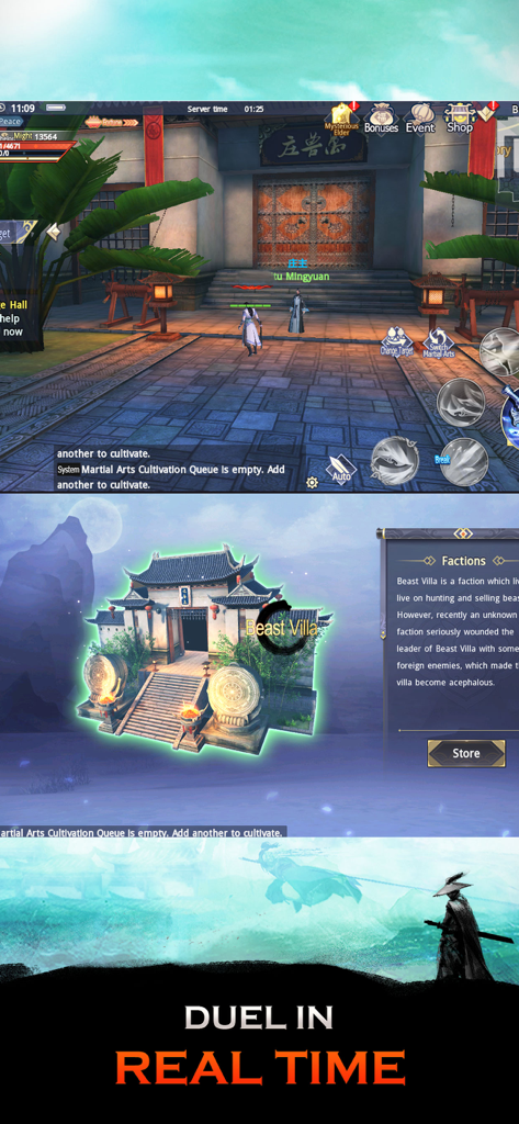 Sword of Shadows - A montage of Sword of Shadows gameplay showing a temple courtyard, the Beast Villa faction menu, and a warrior silhouette with the text duel in real time