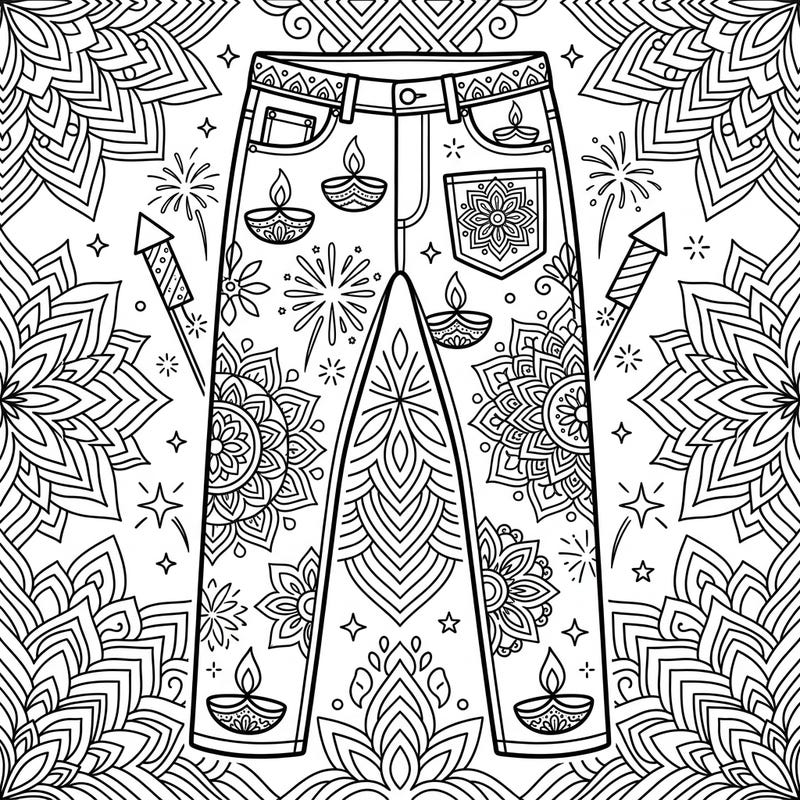 Dive into the festive spirit of Diwali with this unique coloring page featuring a pair of men's jeans adorned with traditional elements. Discover intricate rangoli patterns, sparkling fireworks, and glowing diyas, perfect for a creative celebration.
