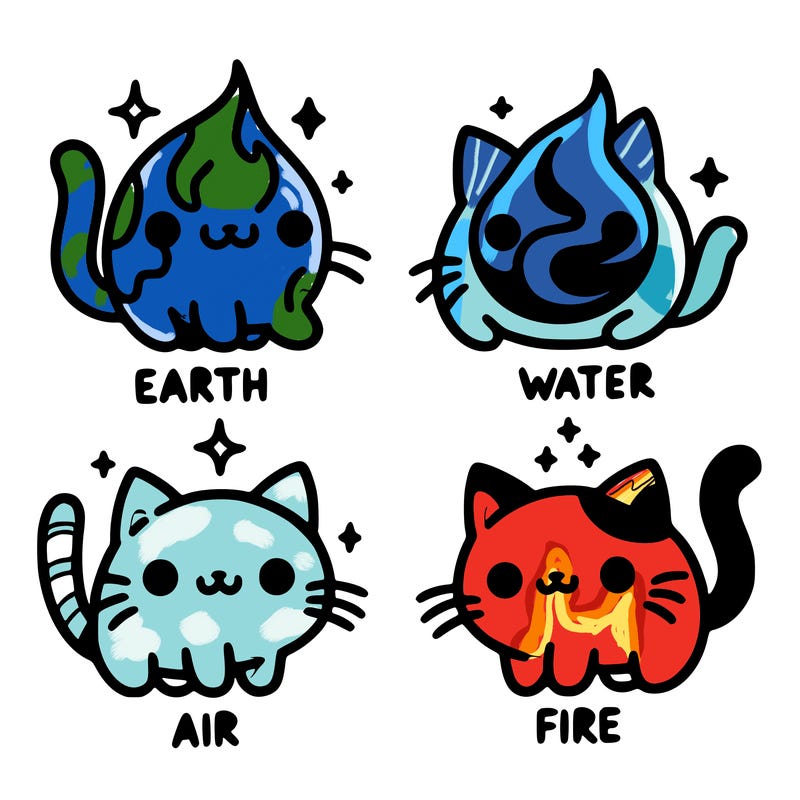 4 cats that represent the different elements, earth, water, air, and fire