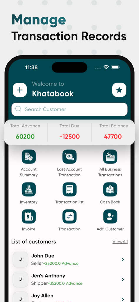 Khatabook - Credit Ledger Book - Khatabook app dashboard interface displaying transaction records and customer credit ledger summaries