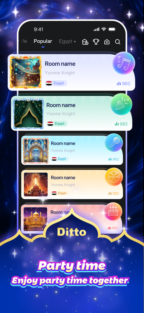 Ditto Live-Match&meet someone - Interface of Ditto app showing various social party rooms with an Islamic aesthetic and mosque imagery.