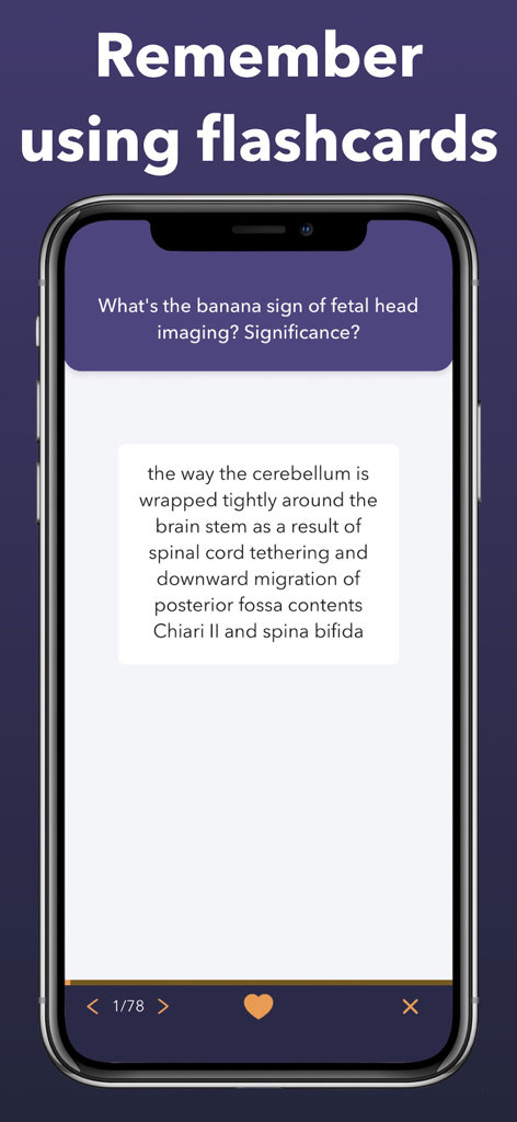 A smartphone displaying a radiology flashcard about the banana sign in fetal head imaging for board exam preparation.