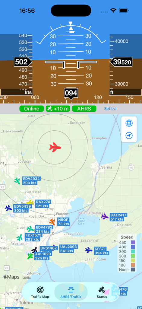 AeroADSB - AeroADSB app interface showing AHRS flight instruments and live aircraft traffic map