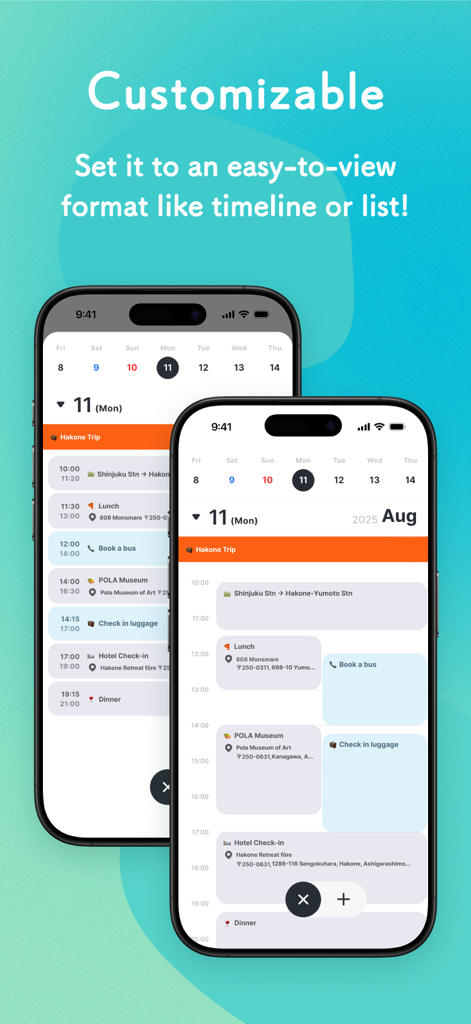 ADAY Simple schedule calendar - ADAY calendar app showing customizable timeline and list view formats for schedule planning.