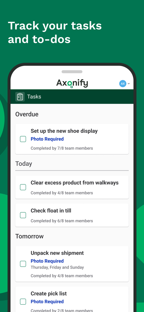 Axonify Mobile - Capture d'écran de l'application mobile Axonify montrant une liste de tâches et de choses à faire quotidiennes au travail pour les employés de première ligne