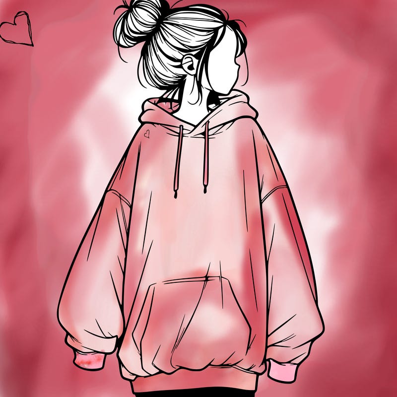 realistic girl with a oversized sweatshirt on and a bun