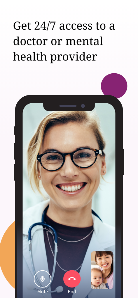 YourDoctors - Online Doctor - A female doctor on a 24/7 telehealth video call with a mother and baby on a smartphone screen.