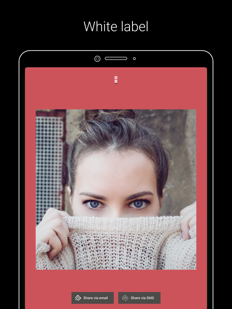 Darkroom Booth - White-Label-Oberfläche der Darkroom Booth Foto-App mit anpassbarem Branding und Sharing-Buttons