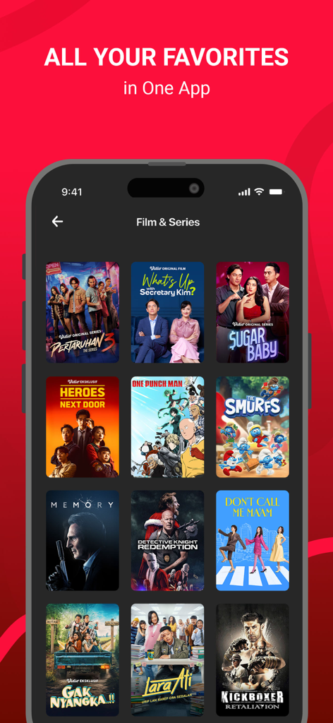 Vidio: Sports, Movies, Series - Vidio app screen displaying a wide selection of movies and series including international titles and originals