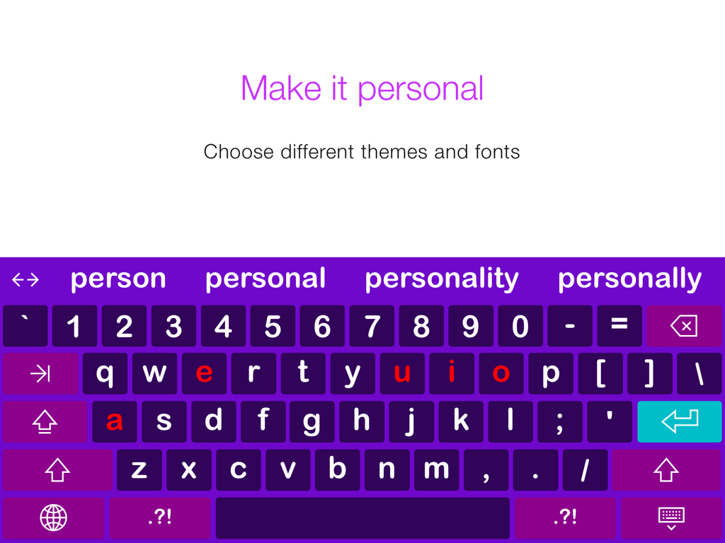 Keedogo Plus simplified iPad keyboard with a purple theme, word prediction bar, and color-coded vowels.