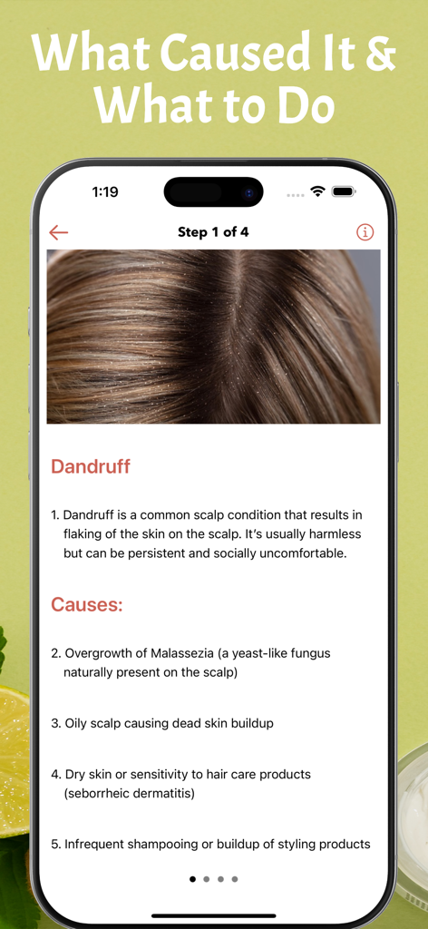 Skin Care: Beauty Tips Offline - Mobile app screen showing the definition and causes of dandruff for scalp care