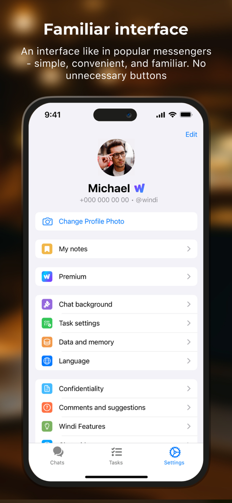 Captura de pantalla de la aplicación Windi Messenger mostrando la pantalla de perfil y configuración del usuario con una interfaz limpia y familiar.