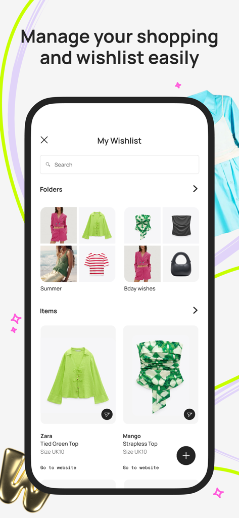 Whering app interface showing a fashion wishlist with categorized folders and clothing items from brands like Zara and Mango