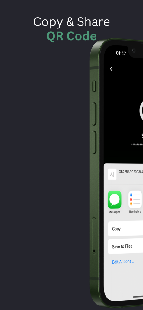 IBAN | Swift Wallet Account - Schermata mobile che mostra le opzioni di copia e condivisione per un conto IBAN