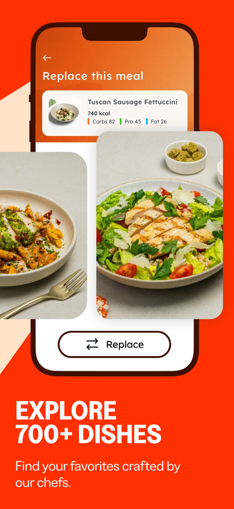 Right Bite - Right Bite App-Oberfläche, die Optionen für Mahlzeitenersatz und gesunde, von Köchen entworfene Gerichte zeigt.