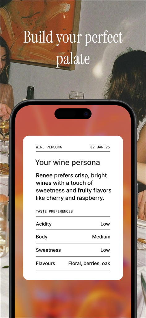 Remi: Wine for Fun People - レミアプリで、パーソナライズされたワインの個性と味の好みを表示するスマートフォンの画面。