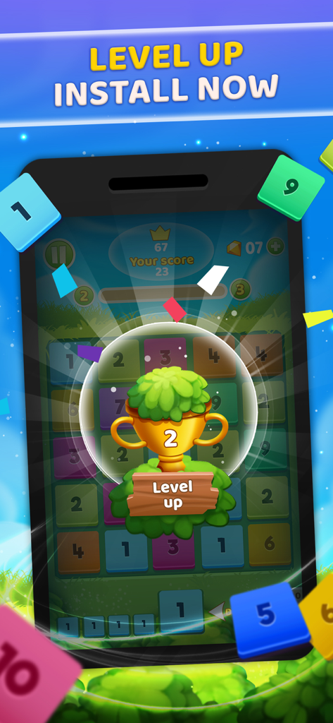 Mix Blox - Mix Blox mobile game level up screen showing a golden trophy and numbered puzzle blocks