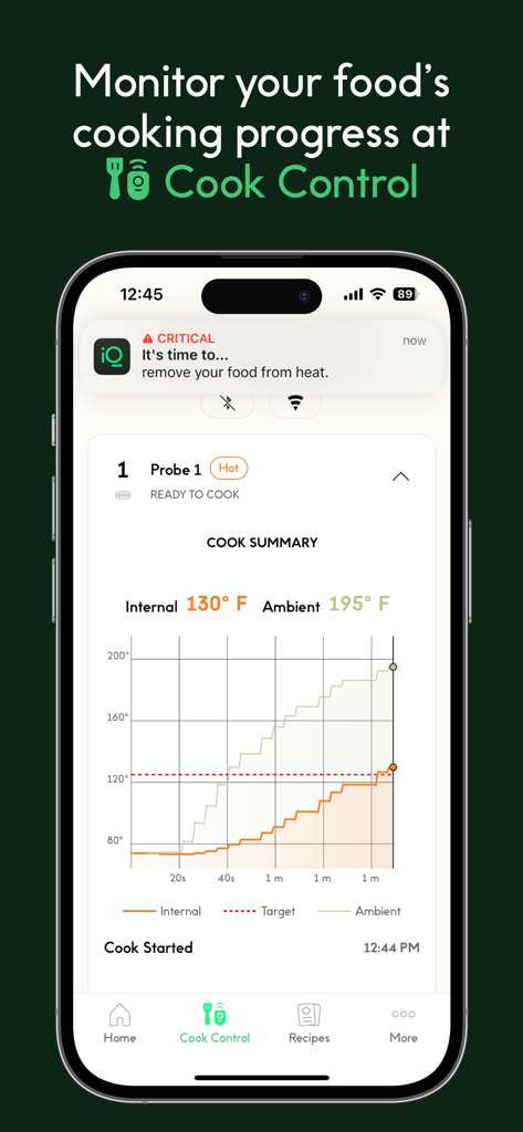 CHEF iQ - CHEF iQアプリのインターフェース。リアルタイムの温度監視とスマートフォンのライブ調理進捗グラフが表示されています。