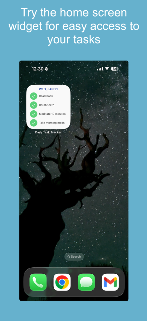 Daily Tasks - Tracker - Widget de la aplicación Daily Tasks Tracker en la pantalla de inicio de un iPhone que muestra una lista de tareas matutinas completadas como leer y meditar.