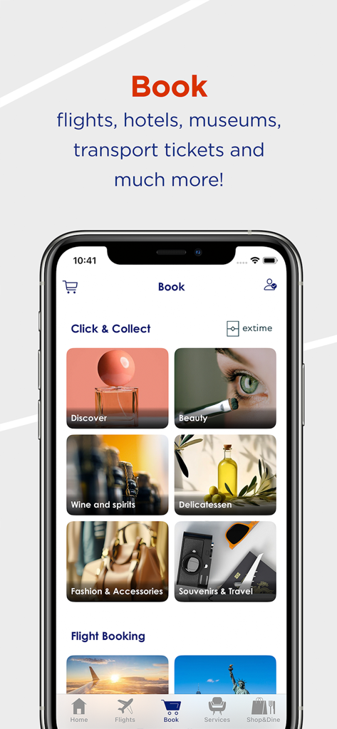 Paris Aéroport – Official - Tela de reserva do aplicativo Paris Aeroport mostrando opções de voos, hotéis e categorias de compras click and collect como beleza e moda.