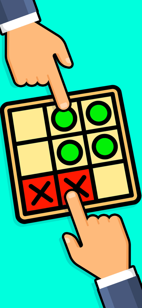 Duas pessoas jogando um jogo digital de Jogo da Velha em um tabuleiro de madeira