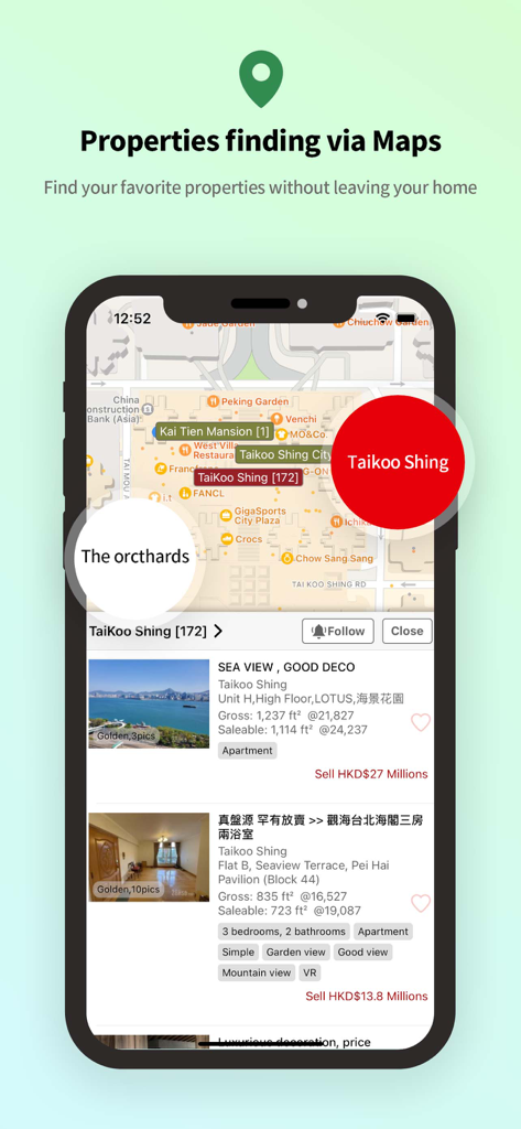 The 28Hse mobile app interface showing property listings for sale in Hong Kong using an interactive map search feature.